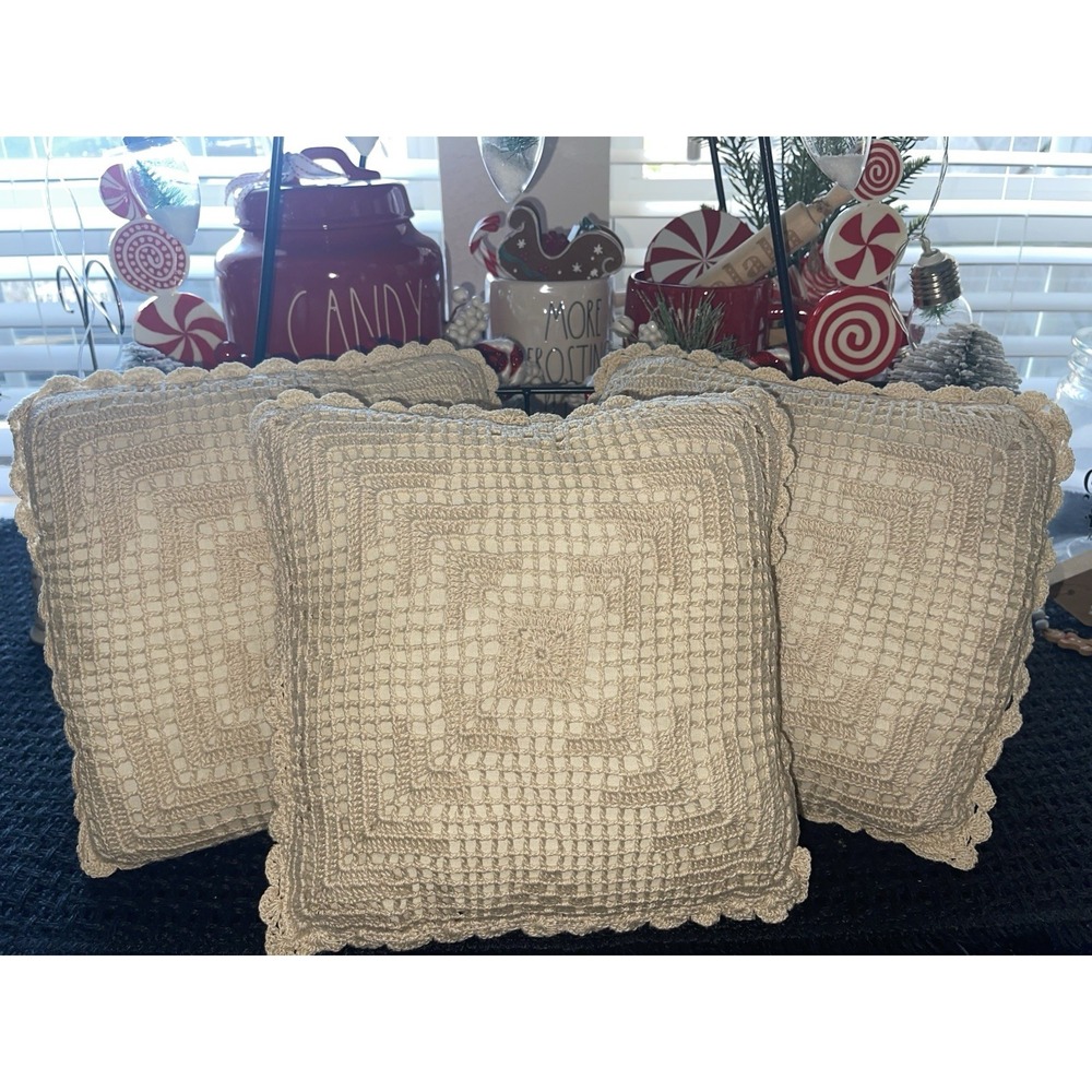 Vintage Square Beige‎ Crochet Pillows 10" X 10" Set Of 3 - Picture 2 of 7